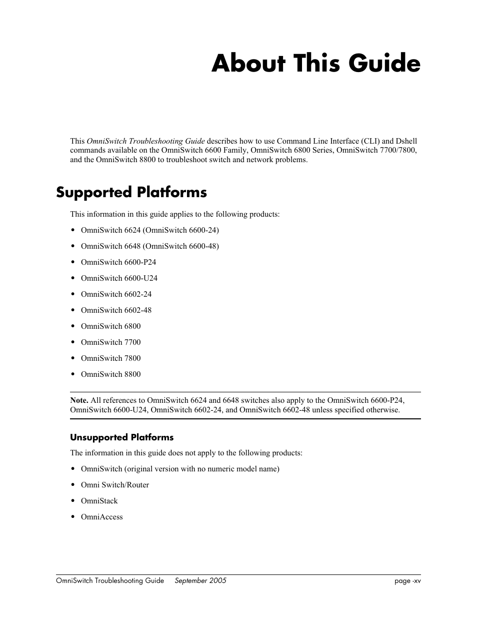 About this guide, Supported platforms | Alcatel Carrier Internetworking Solutions 6648 User Manual | Page 15 / 614