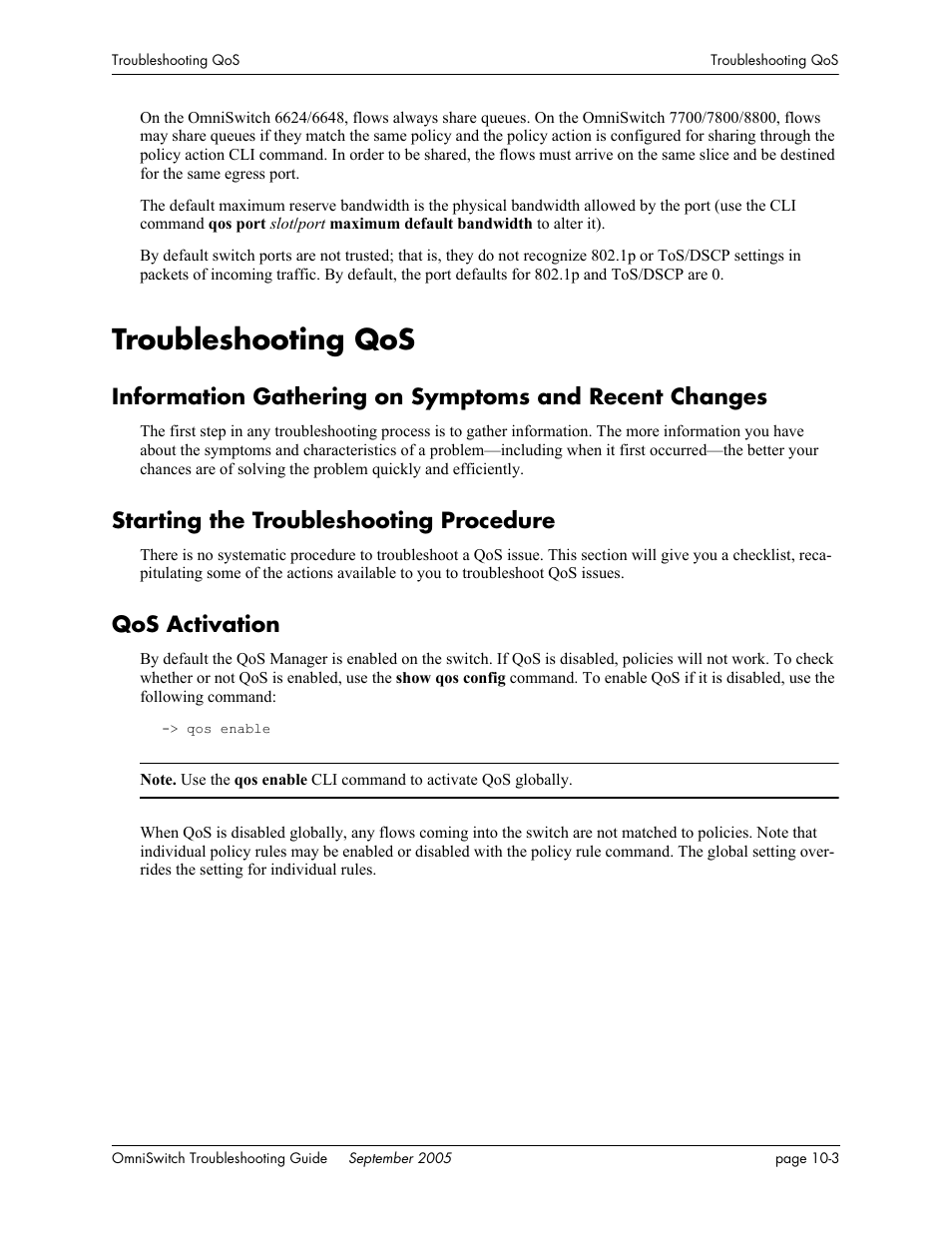 Troubleshooting qos, Starting the troubleshooting procedure, Qos activation | Troubleshooting qos -3 | Alcatel Carrier Internetworking Solutions 6648 User Manual | Page 153 / 614