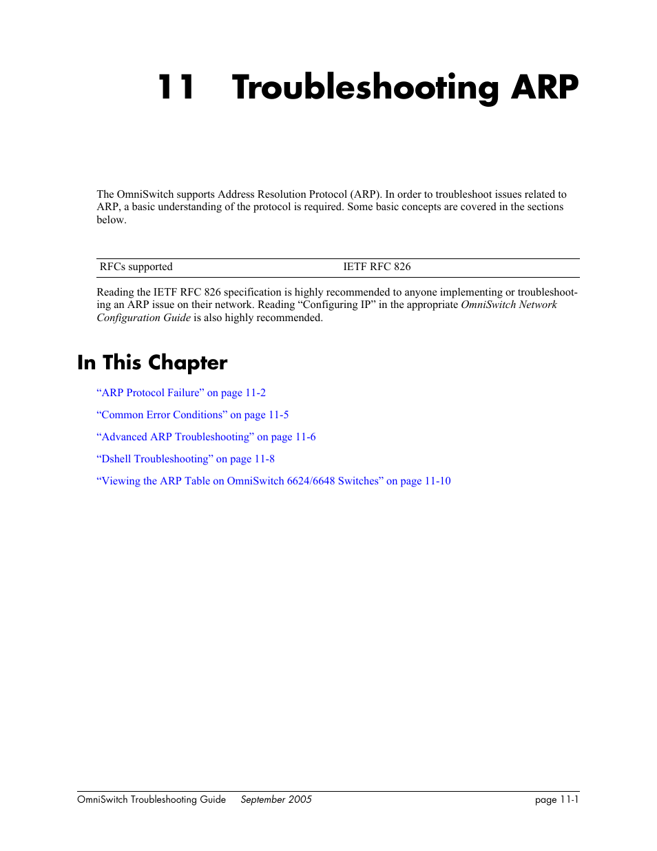 Troubleshooting arp, In this chapter, Chapter 11 | In this chapter -1, 11 troubleshooting arp | Alcatel Carrier Internetworking Solutions 6648 User Manual | Page 167 / 614
