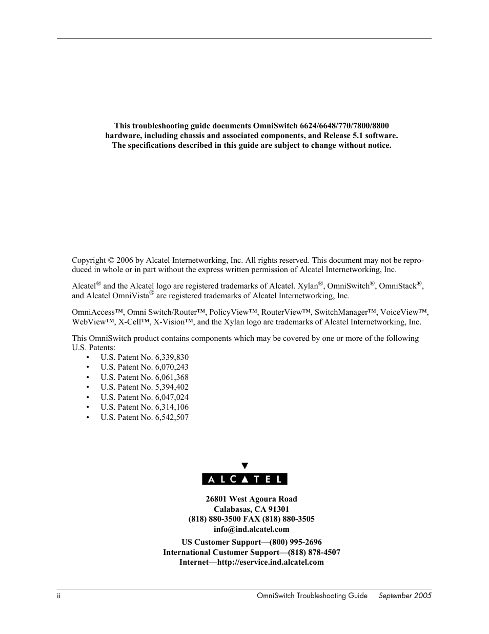 Front matter, Copyright information, Patents | Contacting alcatel | Alcatel Carrier Internetworking Solutions 6648 User Manual | Page 2 / 614