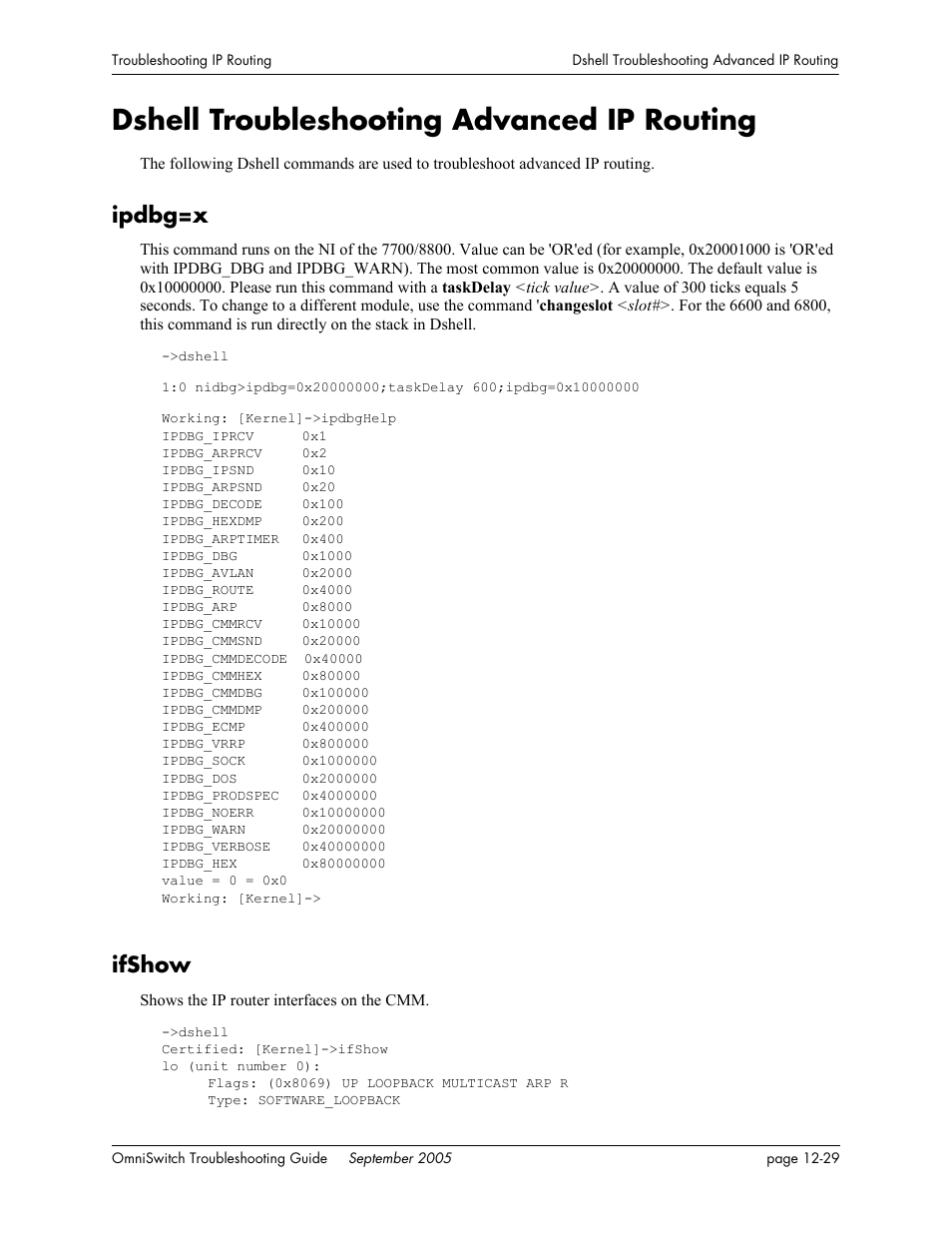 Dshell troubleshooting advanced ip routing, Ipdbg=x, Ifshow | Dshell troubleshooting advanced ip routing -29, Ipdbg=x -29 ifshow -29 | Alcatel Carrier Internetworking Solutions 6648 User Manual | Page 205 / 614