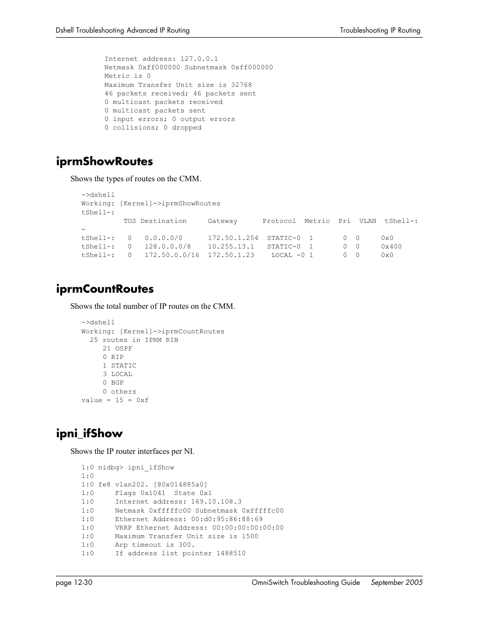 Iprmshowroutes, Iprmcountroutes, Ipni_ifshow | Alcatel Carrier Internetworking Solutions 6648 User Manual | Page 206 / 614