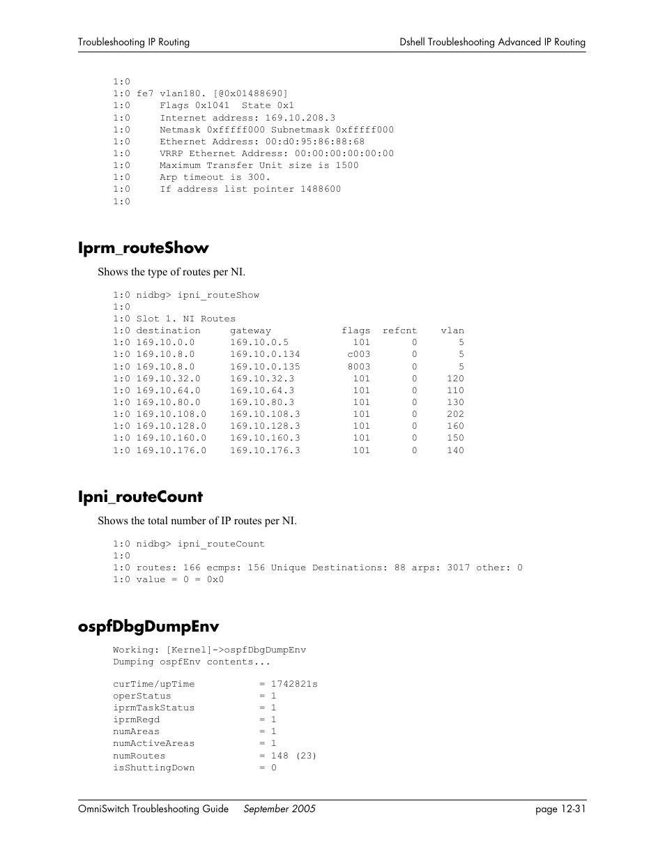 Iprm_routeshow, Ipni_routecount, Ospfdbgdumpenv | Alcatel Carrier Internetworking Solutions 6648 User Manual | Page 207 / 614