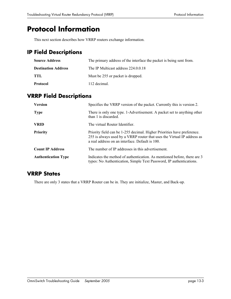 Protocol information, Ip field descriptions, Vrrp field descriptions | Vrrp states, Protocol information -3 | Alcatel Carrier Internetworking Solutions 6648 User Manual | Page 213 / 614