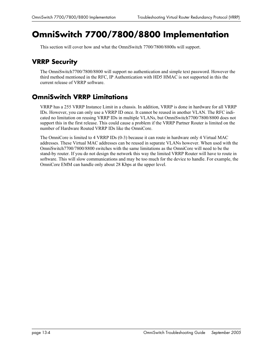 Omniswitch 7700/7800/8800 implementation, Vrrp security, Omniswitch vrrp limitations | Omniswitch 7700/7800/8800 implementation -4, Vrrp security -4 omniswitch vrrp limitations -4 | Alcatel Carrier Internetworking Solutions 6648 User Manual | Page 214 / 614