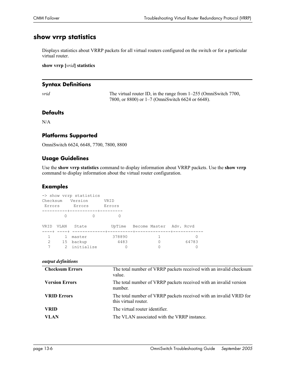 Show vrrp statistics | Alcatel Carrier Internetworking Solutions 6648 User Manual | Page 216 / 614