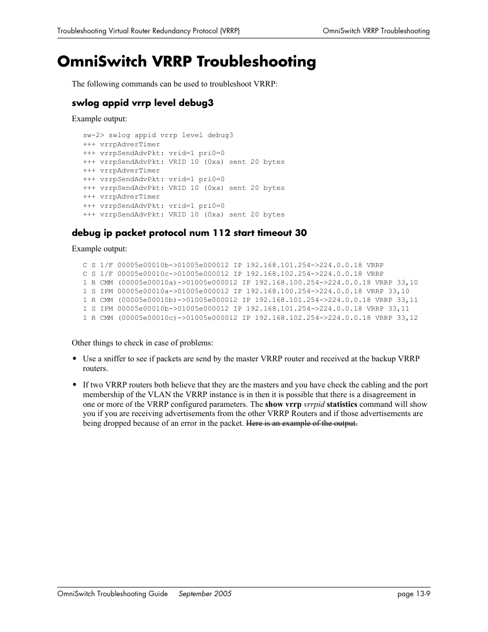 Omniswitch vrrp troubleshooting, Omniswitch vrrp troubleshooting -9 | Alcatel Carrier Internetworking Solutions 6648 User Manual | Page 219 / 614