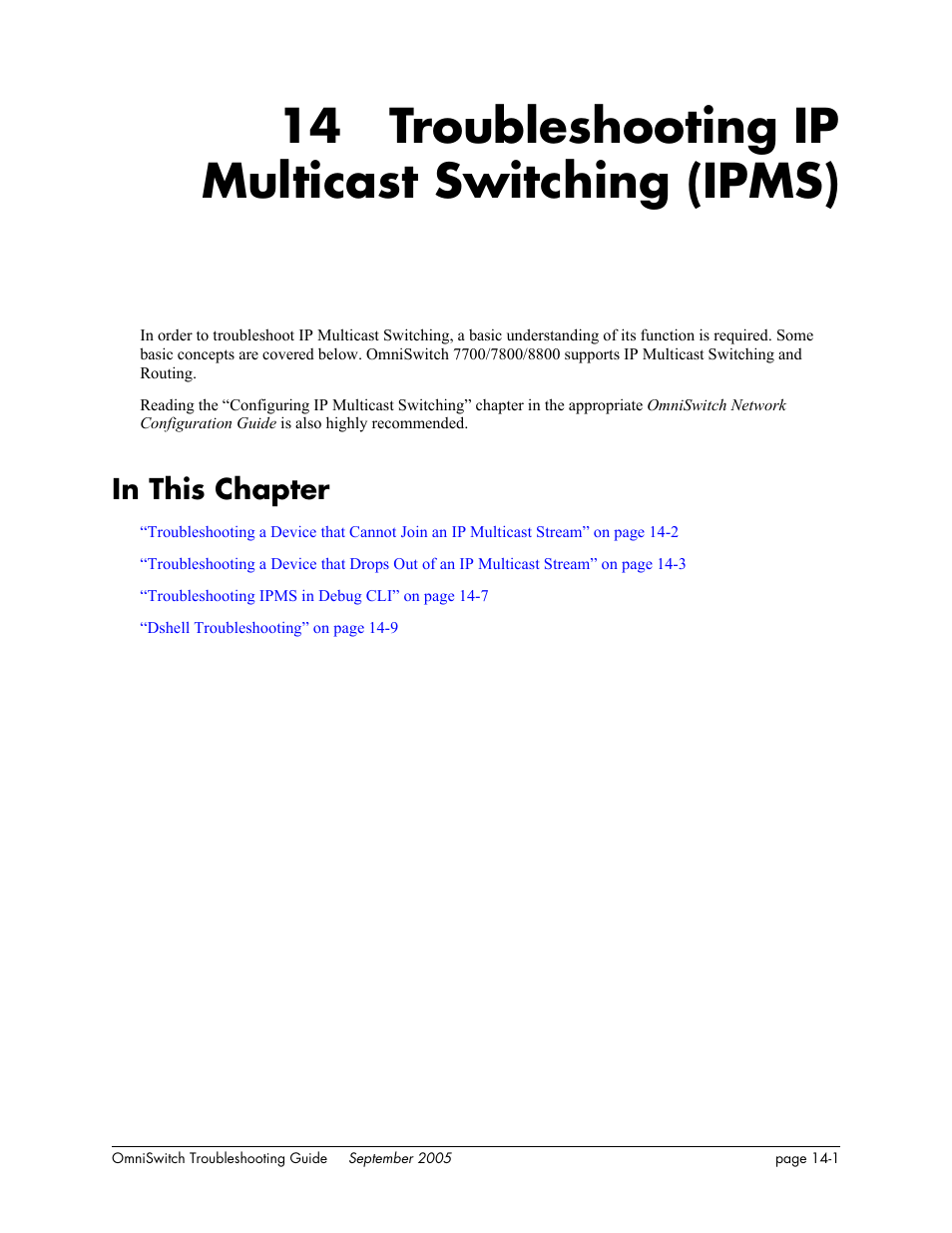 Troubleshooting ip multicast switching (ipms), In this chapter, Chapter 14 | In this chapter -1, 14 troubleshooting ip multicast switching (ipms) | Alcatel Carrier Internetworking Solutions 6648 User Manual | Page 223 / 614