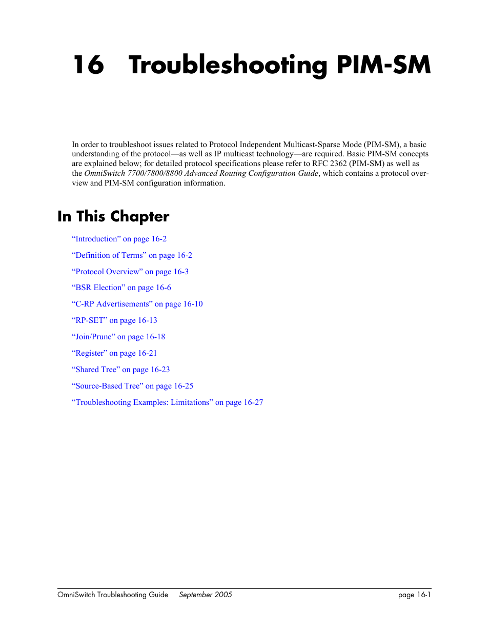 Troubleshooting pim-sm, In this chapter, Chapter 16 | In this chapter -1, 16 troubleshooting pim-sm | Alcatel Carrier Internetworking Solutions 6648 User Manual | Page 263 / 614