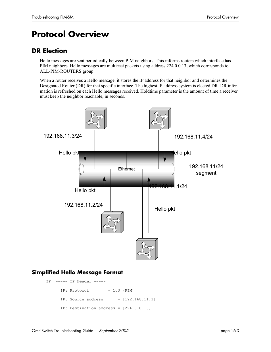 Protocol overview, Dr election, Simplified hello message format | Protocol overview -3, Dr election -3, Simplified hello message format -3 | Alcatel Carrier Internetworking Solutions 6648 User Manual | Page 265 / 614