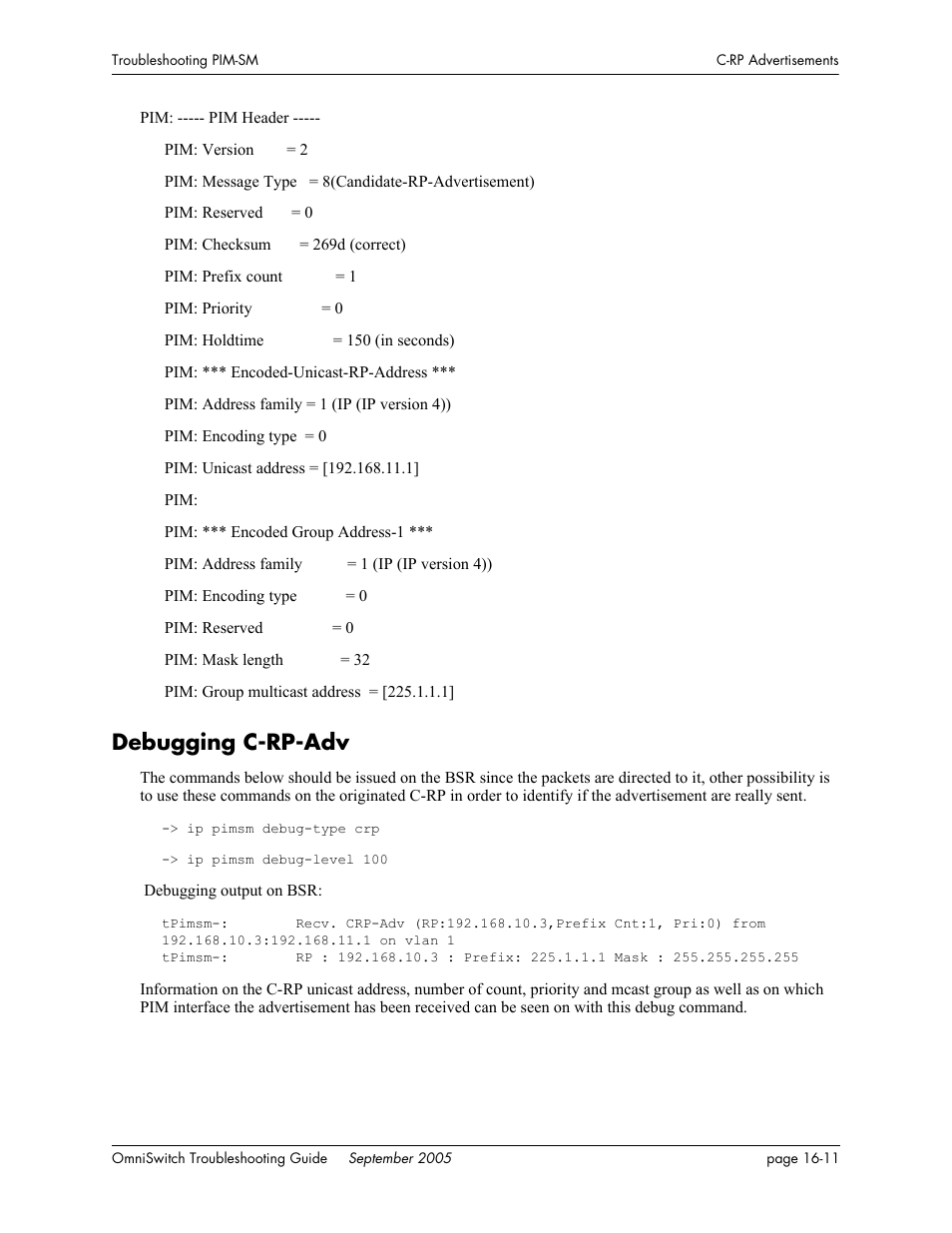 Debugging c-rp-adv, Debugging c-rp-adv -11 | Alcatel Carrier Internetworking Solutions 6648 User Manual | Page 273 / 614
