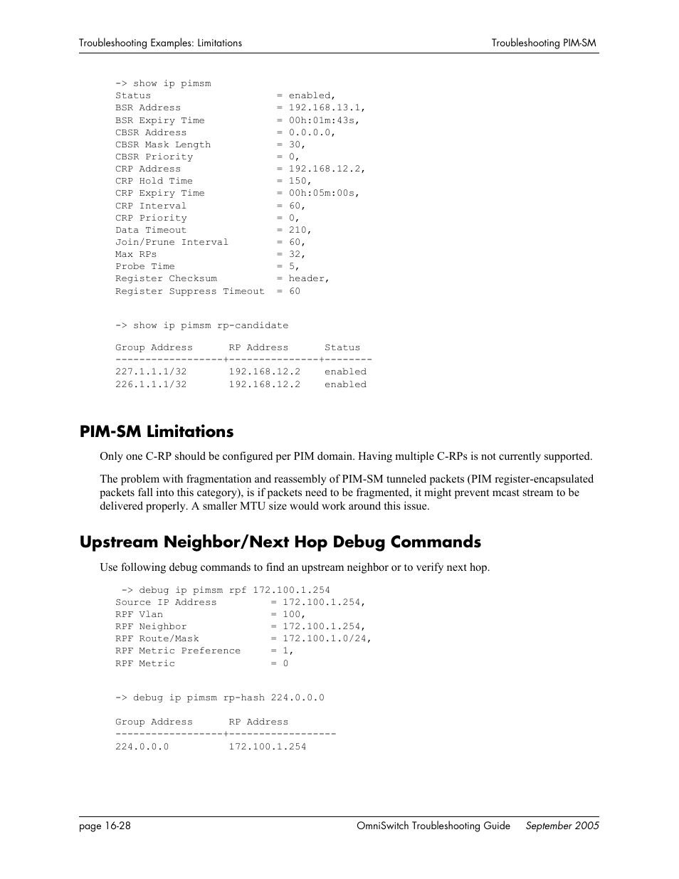 Pim-sm limitations, Upstream neighbor/next hop debug commands | Alcatel Carrier Internetworking Solutions 6648 User Manual | Page 290 / 614