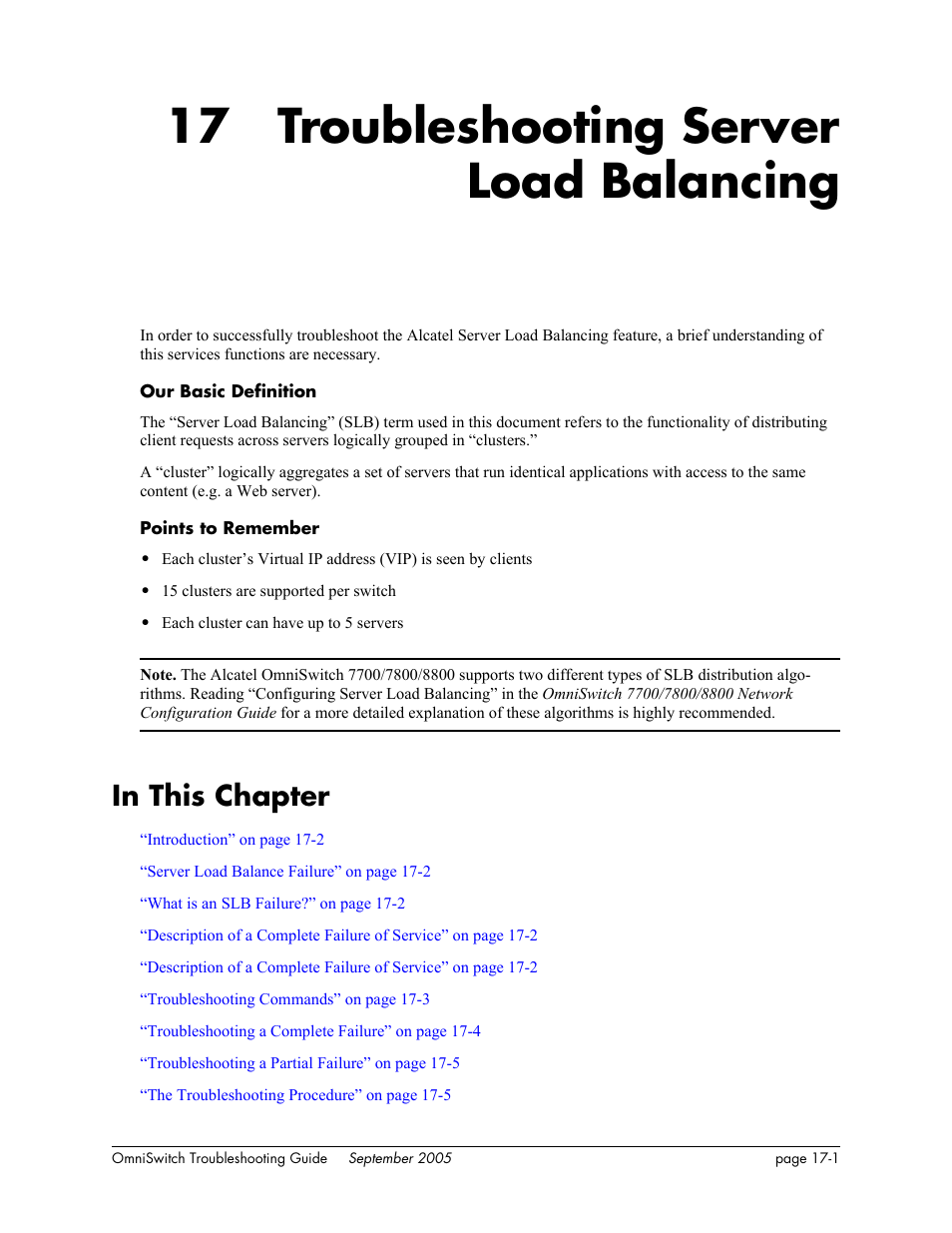 Troubleshooting server load balancing, In this chapter, Chapter 17 | In this chapter -1, 17 troubleshooting server load balancing | Alcatel Carrier Internetworking Solutions 6648 User Manual | Page 293 / 614