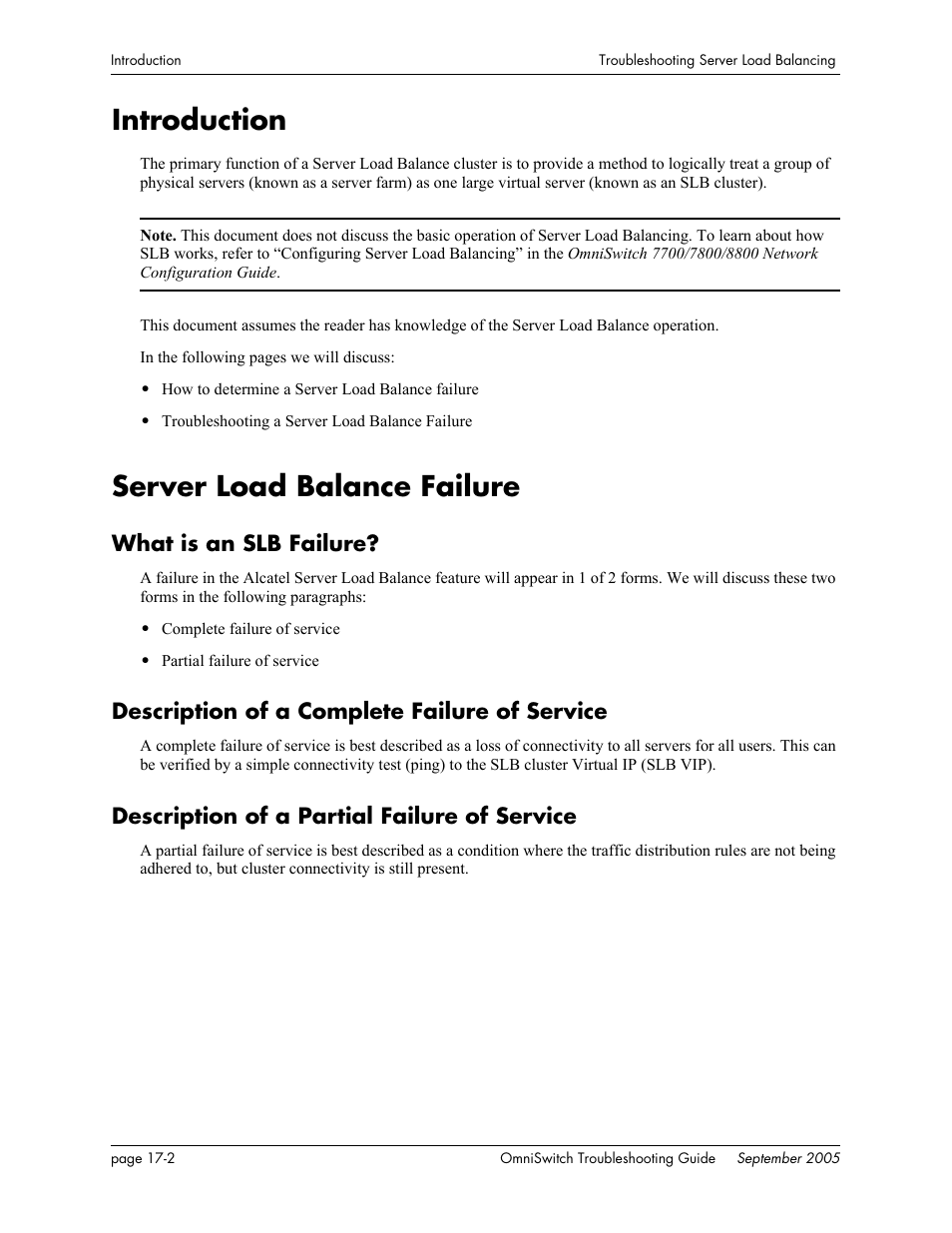 Introduction, Server load balance failure, What is an slb failure | Description of a complete failure of service, Description of a partial failure of service, Introduction -2, Server load balance failure -2 | Alcatel Carrier Internetworking Solutions 6648 User Manual | Page 294 / 614