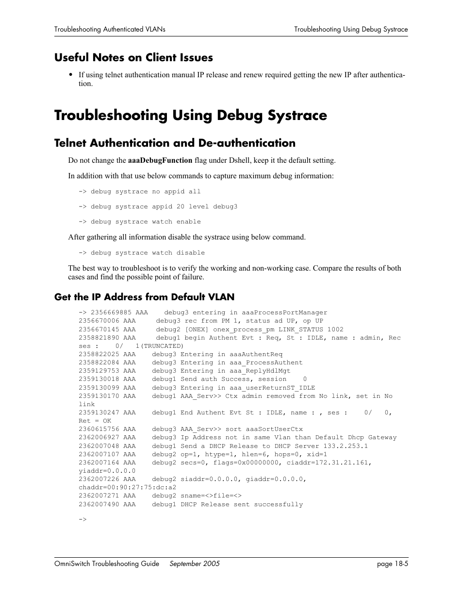 Useful notes on client issues, Troubleshooting using debug systrace, Telnet authentication and de-authentication | Get the ip address from default vlan, Useful notes on client issues -5, Troubleshooting using debug systrace -5, Telnet authentication and de-authentication -5, Get the ip address from default vlan -5 | Alcatel Carrier Internetworking Solutions 6648 User Manual | Page 303 / 614
