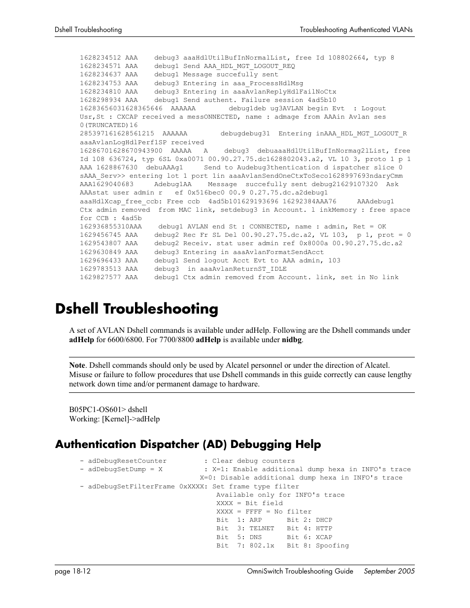 Dshell troubleshooting, Authentication dispatcher (ad) debugging help, Dshell troubleshooting -12 | Authentication dispatcher (ad) debugging help -12 | Alcatel Carrier Internetworking Solutions 6648 User Manual | Page 310 / 614