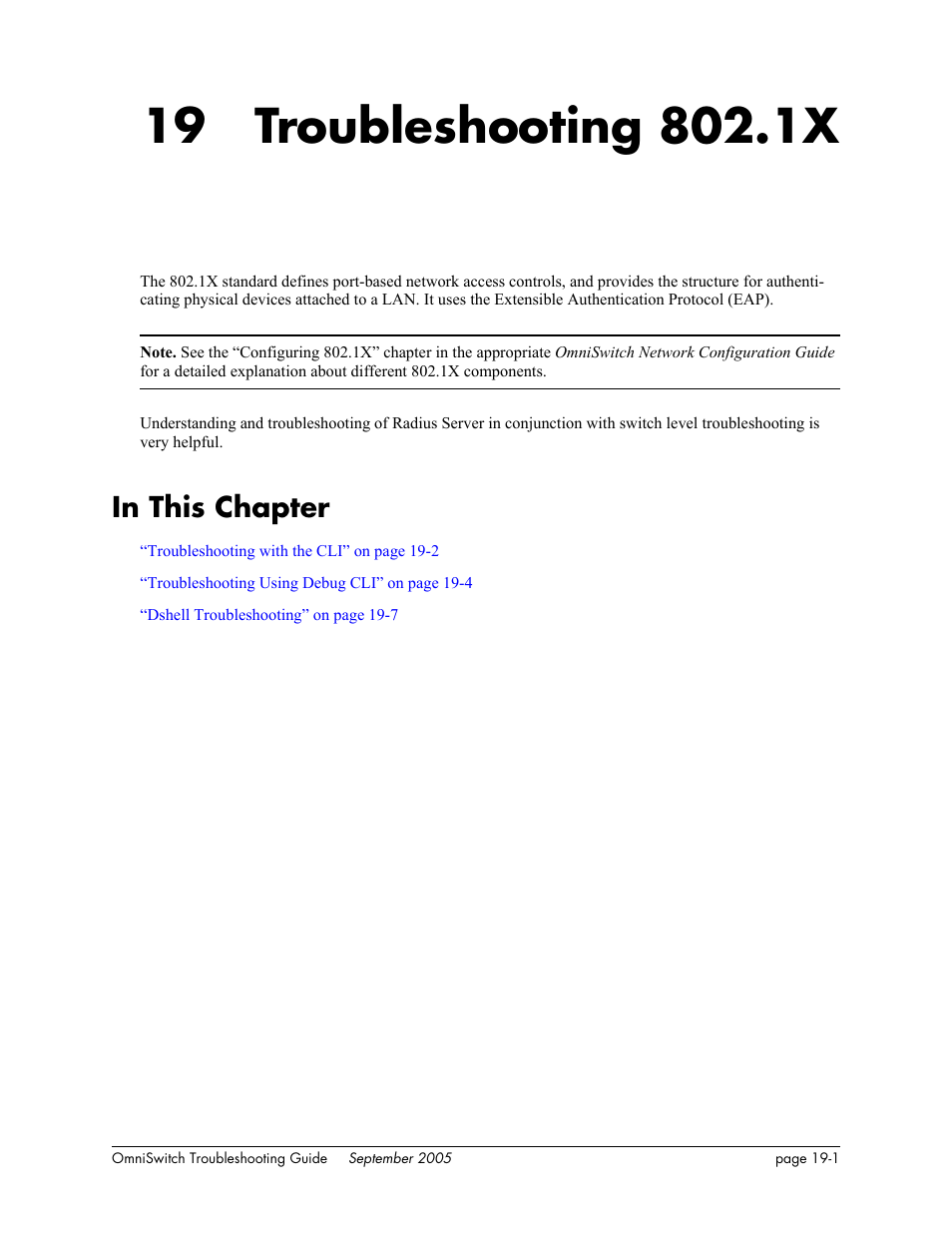 Troubleshooting 802.1x, In this chapter, Chapter 19 | In this chapter -1 | Alcatel Carrier Internetworking Solutions 6648 User Manual | Page 315 / 614