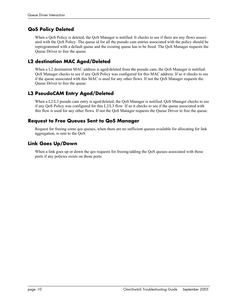Qos policy deleted, L2 destination mac aged/deleted, L3 pseudocam entry aged/deleted | Request to free queues sent to qos manager, Link goes up/down | Alcatel Carrier Internetworking Solutions 6648 User Manual | Page 334 / 614