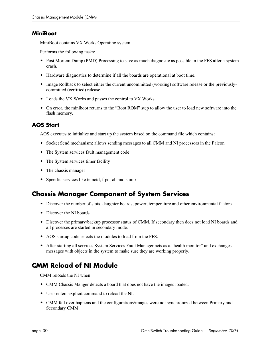 Miniboot, Aos start, Chassis manager component of system services | Cmm reload of ni module | Alcatel Carrier Internetworking Solutions 6648 User Manual | Page 354 / 614