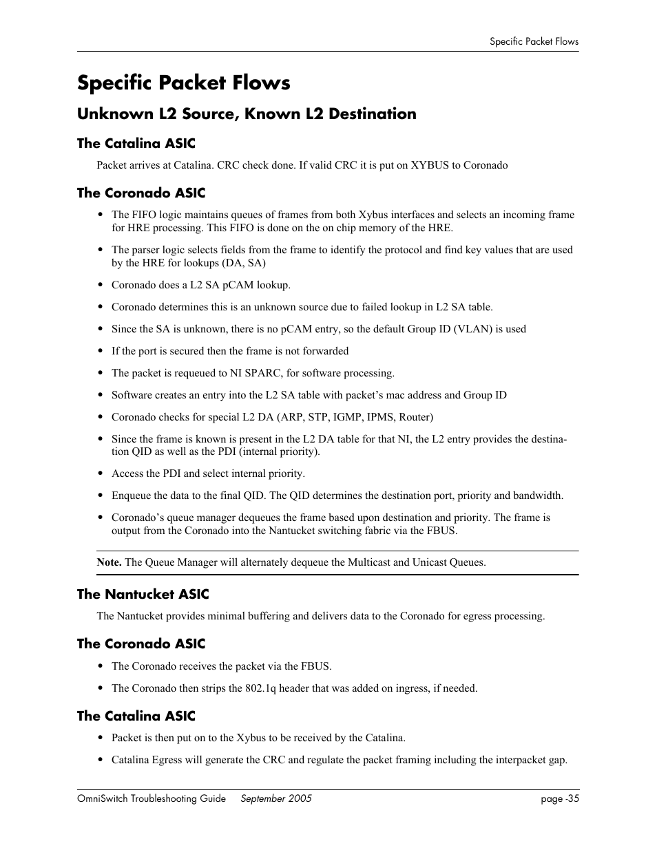 Specific packet flows, Unknown l2 source, known l2 destination, The catalina asic | The coronado asic, The nantucket asic | Alcatel Carrier Internetworking Solutions 6648 User Manual | Page 359 / 614