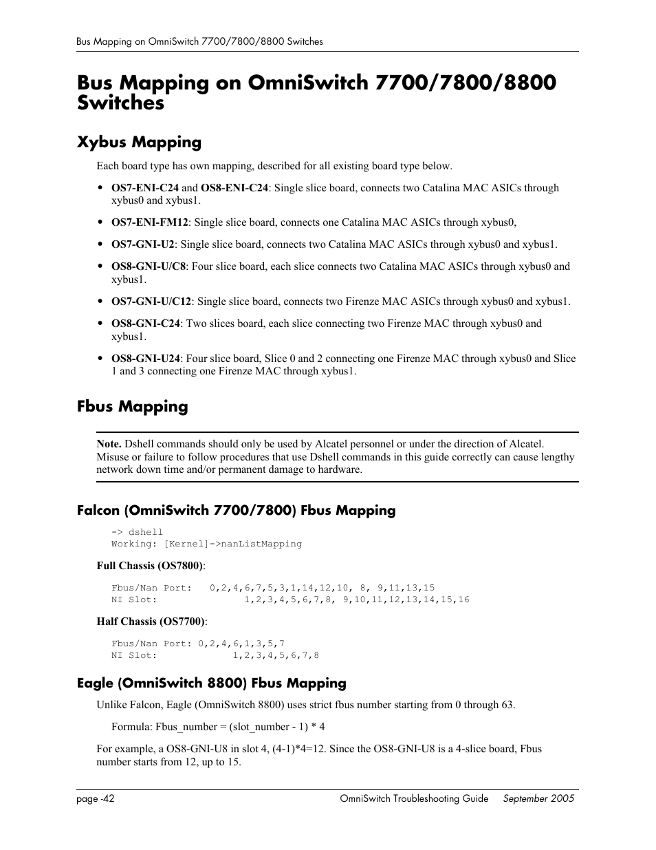 Bus mapping on omniswitch 7700/7800/8800 switches, Xybus mapping, Fbus mapping | Falcon (omniswitch 7700/7800) fbus mapping, Eagle (omniswitch 8800) fbus mapping | Alcatel Carrier Internetworking Solutions 6648 User Manual | Page 366 / 614