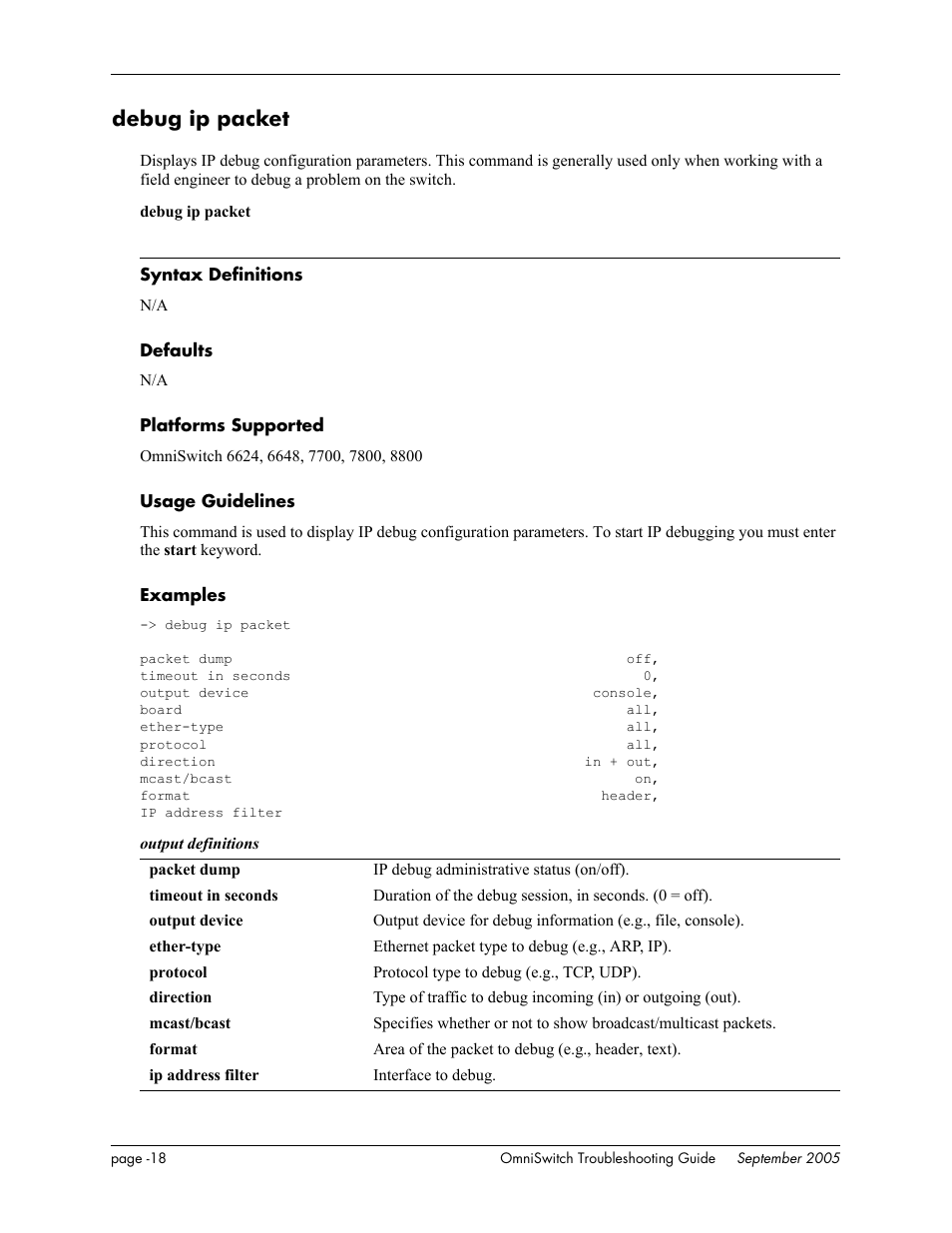 Debug ip packet | Alcatel Carrier Internetworking Solutions 6648 User Manual | Page 404 / 614