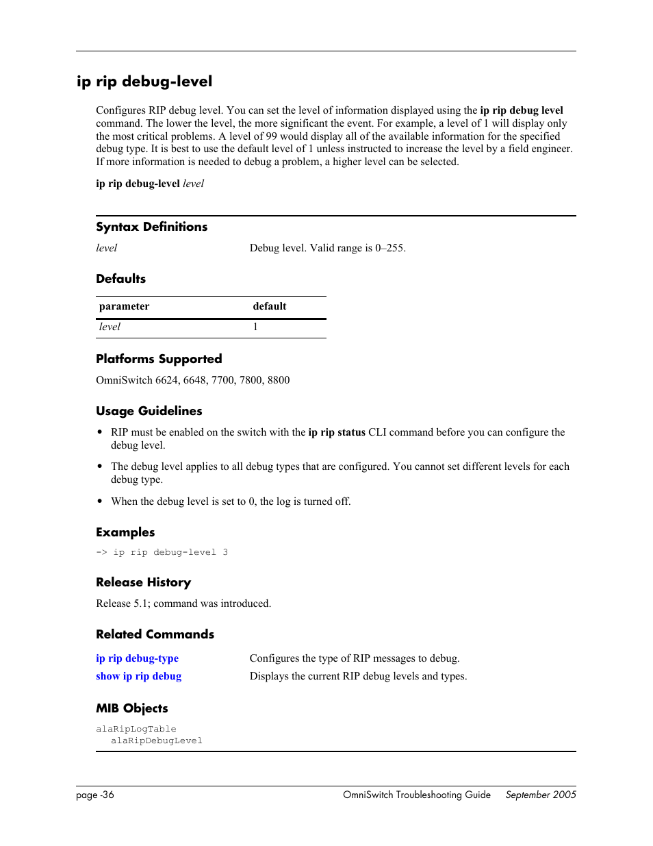 Ip rip debug-level | Alcatel Carrier Internetworking Solutions 6648 User Manual | Page 422 / 614