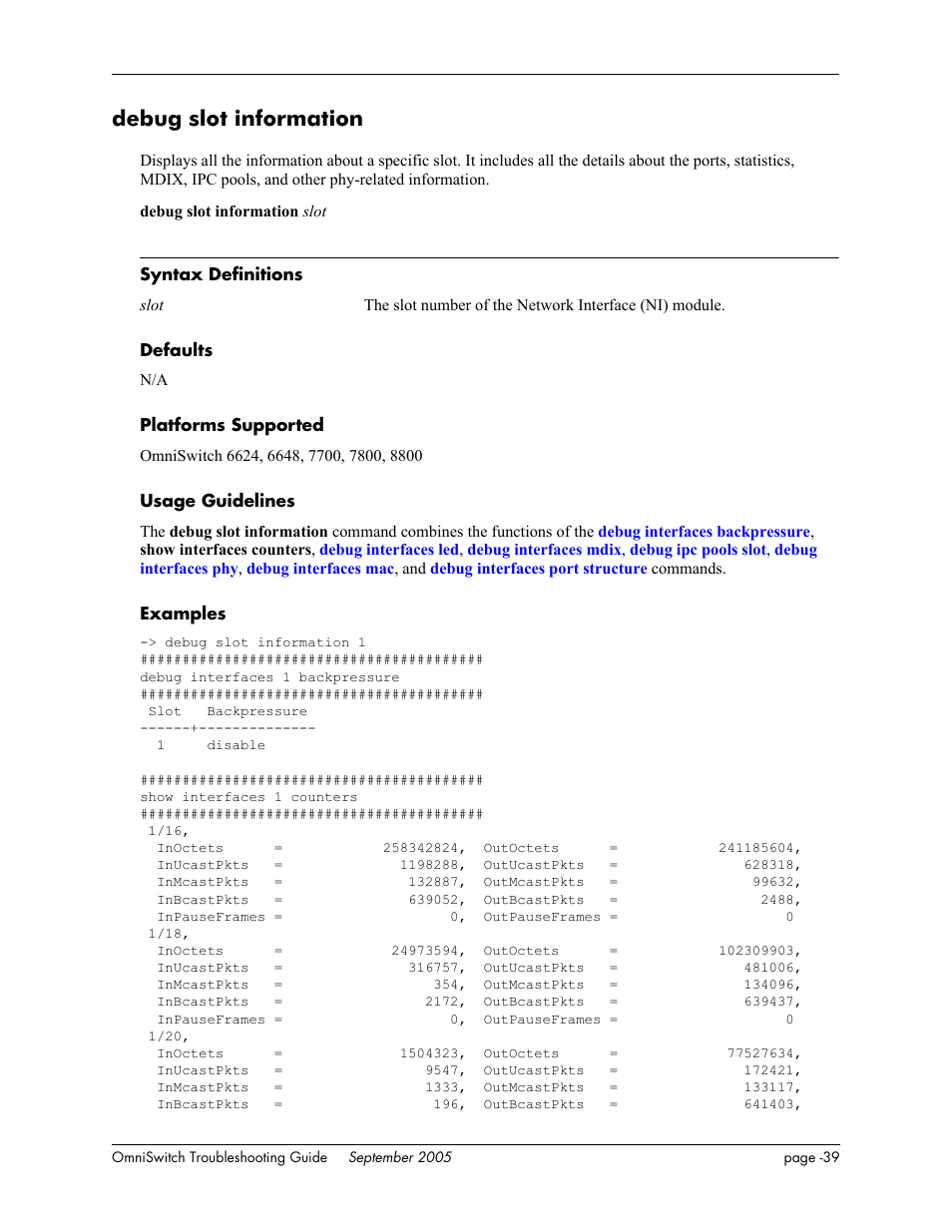 Debug slot information | Alcatel Carrier Internetworking Solutions 6648 User Manual | Page 425 / 614