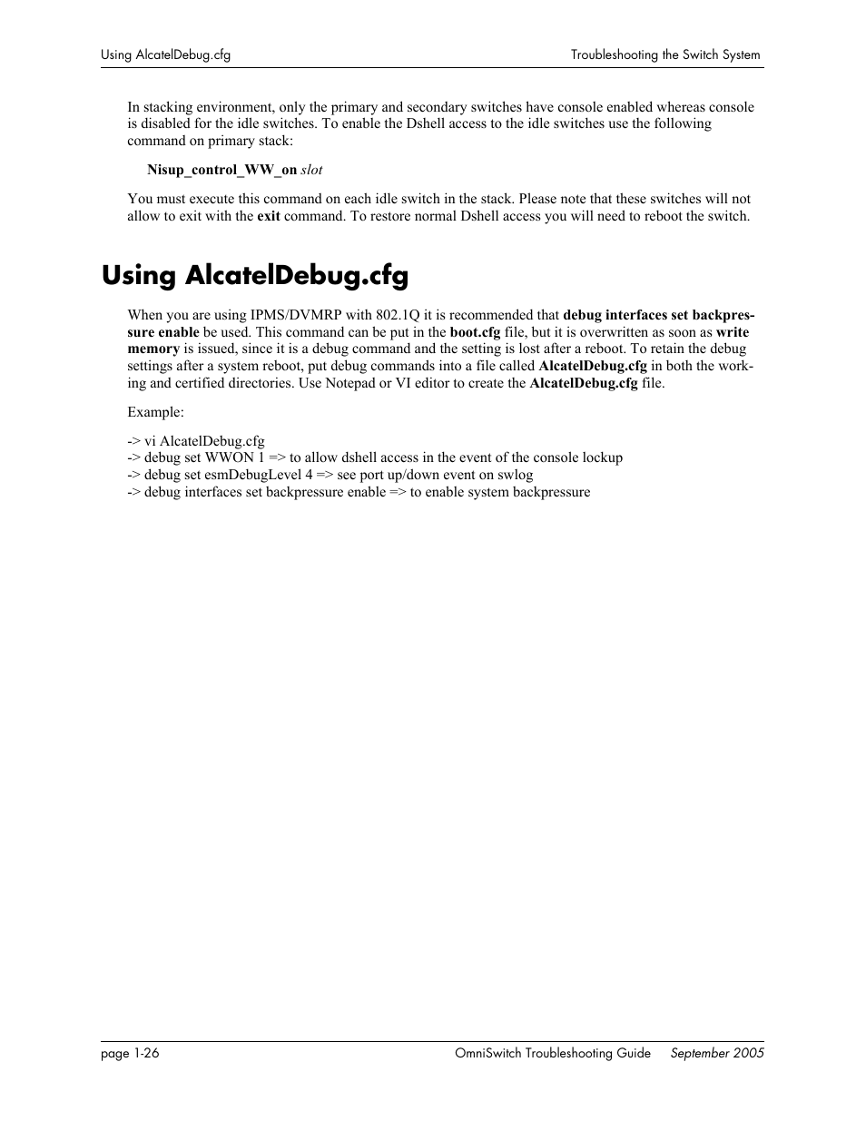 Using alcateldebug.cfg, Using alcateldebug.cfg -26 | Alcatel Carrier Internetworking Solutions 6648 User Manual | Page 46 / 614