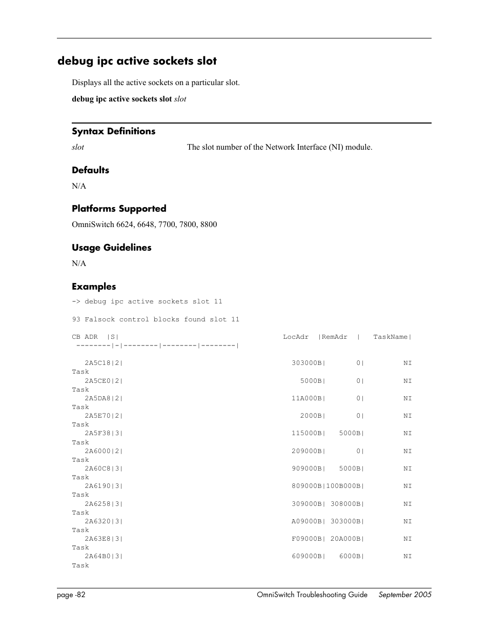 Debug ipc active sockets slot | Alcatel Carrier Internetworking Solutions 6648 User Manual | Page 468 / 614