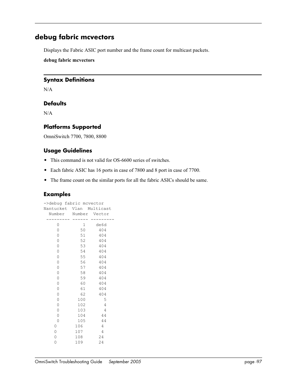 Debug fabric mcvectors | Alcatel Carrier Internetworking Solutions 6648 User Manual | Page 483 / 614