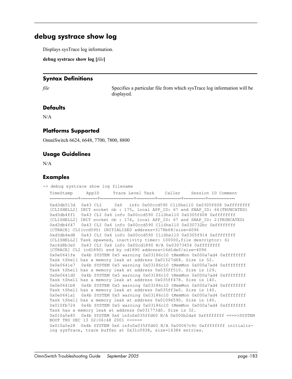 Debug systrace show log | Alcatel Carrier Internetworking Solutions 6648 User Manual | Page 569 / 614