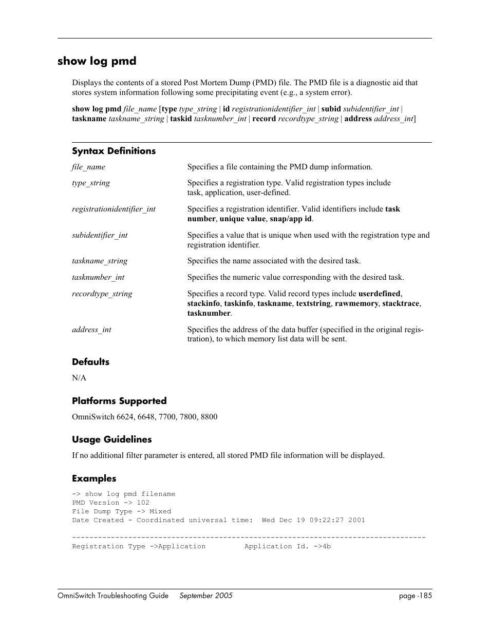 Show log pmd | Alcatel Carrier Internetworking Solutions 6648 User Manual | Page 571 / 614