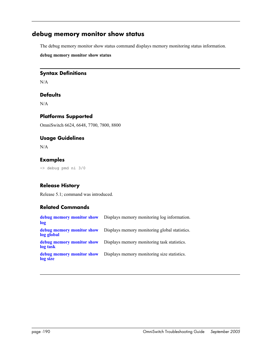 Debug memory monitor show status | Alcatel Carrier Internetworking Solutions 6648 User Manual | Page 576 / 614
