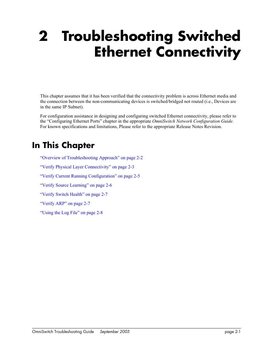 Troubleshooting switched ethernet connectivity, In this chapter, Chapter 2 | In this chapter -1, 2 troubleshooting switched ethernet connectivity | Alcatel Carrier Internetworking Solutions 6648 User Manual | Page 59 / 614