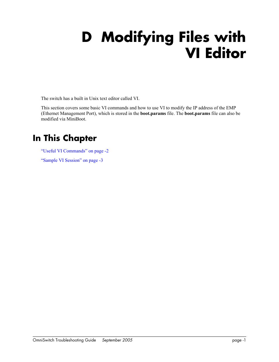 D. modifying files with vi editor, In this chapter, Appendix d | Modifying files with vi editor, D modifying files with vi editor | Alcatel Carrier Internetworking Solutions 6648 User Manual | Page 607 / 614