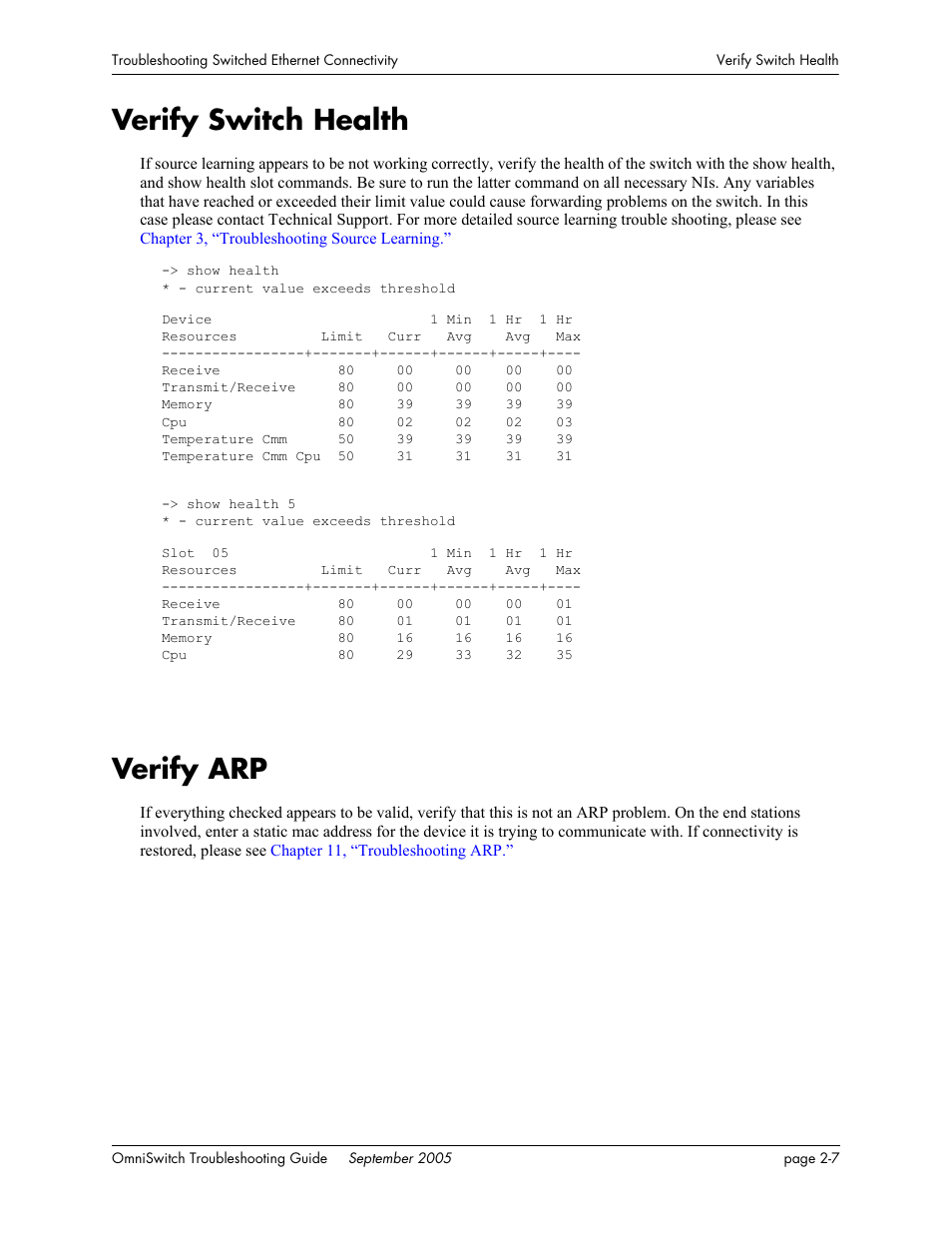 Verify switch health, Verify arp, Verify switch health -7 | Verify arp -7 | Alcatel Carrier Internetworking Solutions 6648 User Manual | Page 65 / 614
