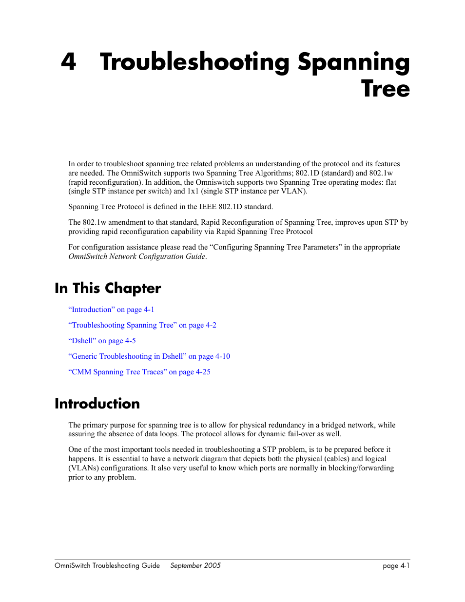 Troubleshooting spanning tree, In this chapter, Introduction | Chapter 4, In this chapter -1, Introduction -1, 4 troubleshooting spanning tree | Alcatel Carrier Internetworking Solutions 6648 User Manual | Page 81 / 614