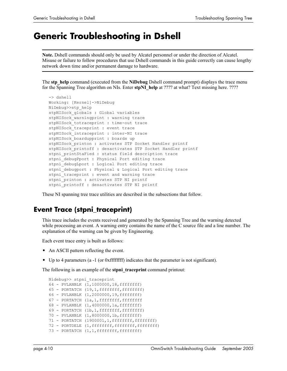 Generic troubleshooting in dshell, Event trace (stpni_traceprint), Generic troubleshooting in dshell -10 | Event trace (stpni_traceprint) -10 | Alcatel Carrier Internetworking Solutions 6648 User Manual | Page 90 / 614