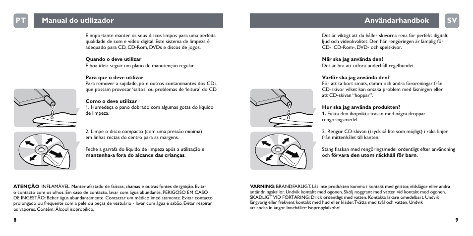 Manual do utilizador användarhandbok pt sv | Philips Disc-Reiniger User Manual | Page 5 / 10