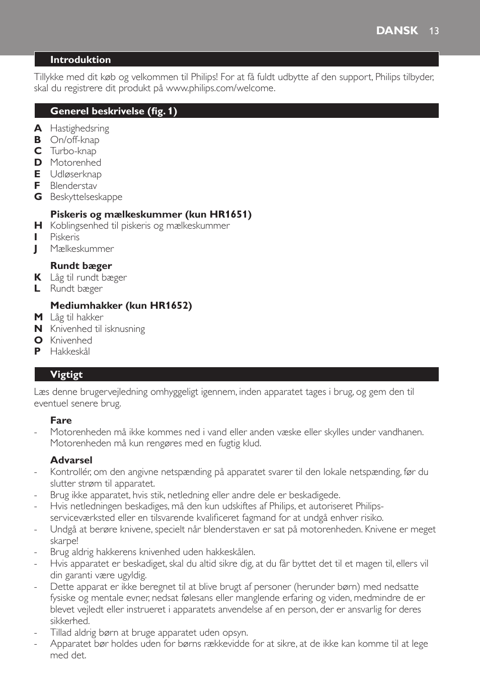 Dansk, Dansk 13 | Philips Avance Collection Stabmixer User Manual | Page 13 / 116