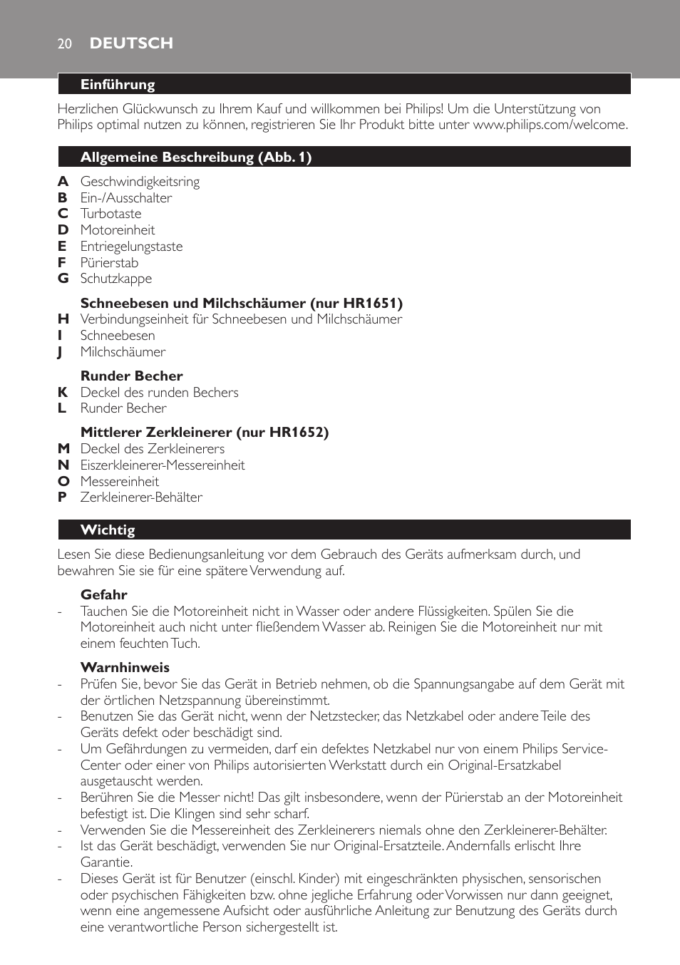 Deutsch, Deutsch 20 | Philips Avance Collection Stabmixer User Manual | Page 20 / 116