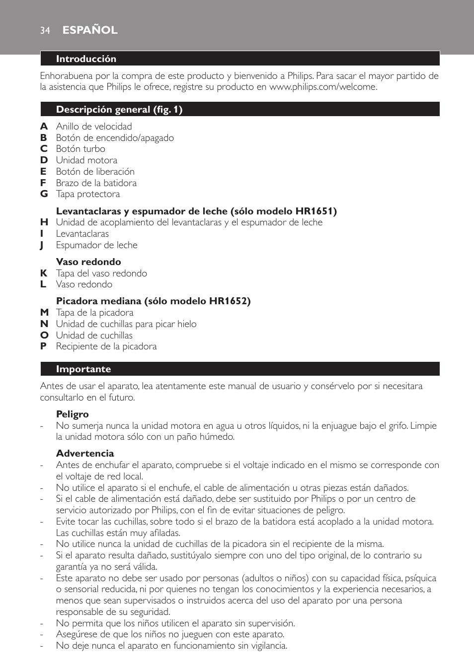 Español, Español 34 | Philips Avance Collection Stabmixer User Manual | Page 34 / 116