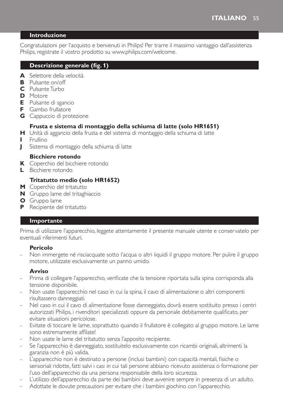 Italiano, Italiano 55 | Philips Avance Collection Stabmixer User Manual | Page 55 / 116