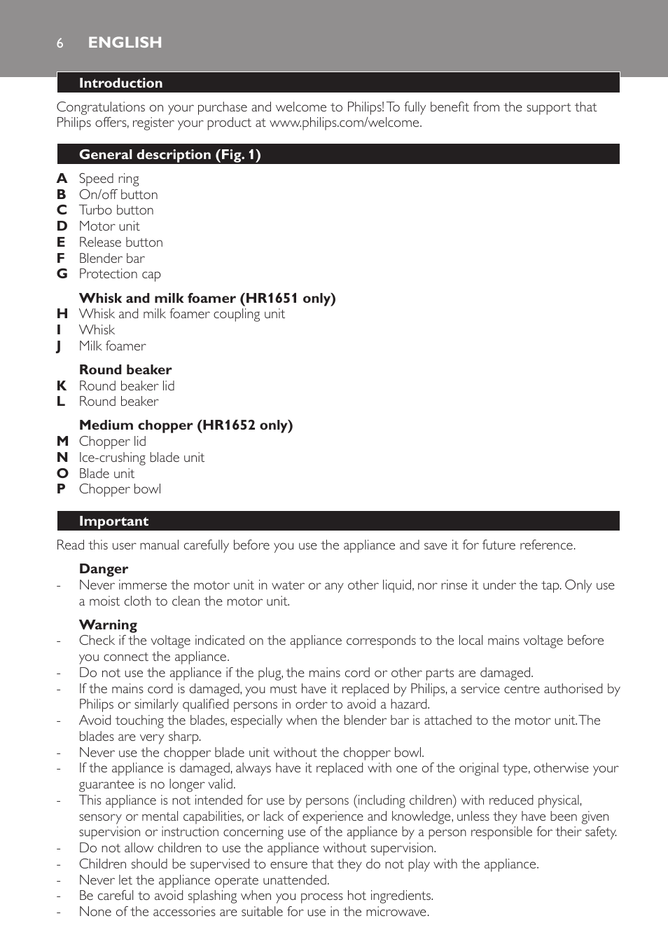 English | Philips Avance Collection Stabmixer User Manual | Page 6 / 116