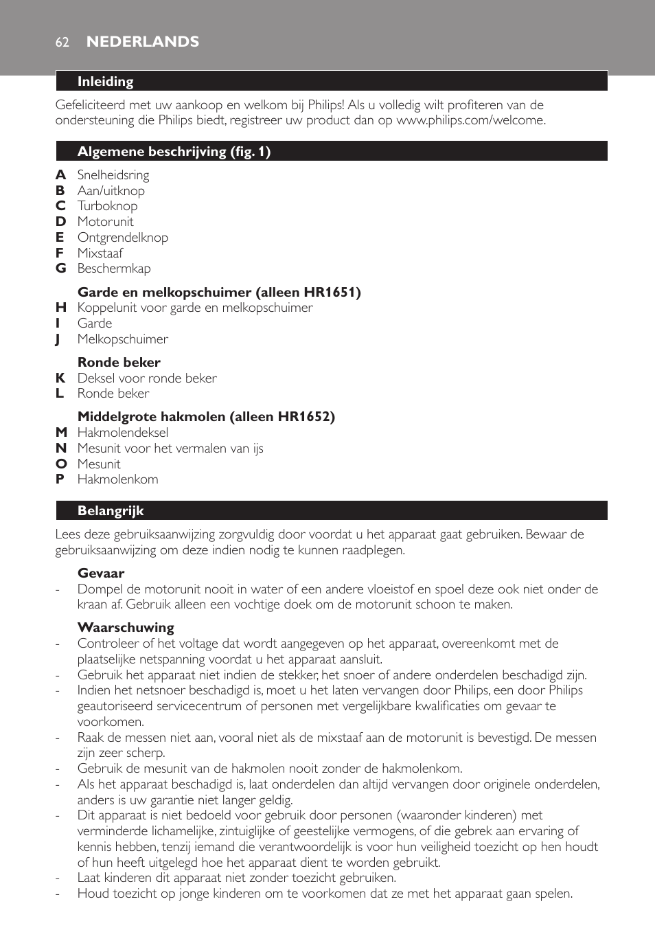 Nederlands, Nederlands 62 | Philips Avance Collection Stabmixer User Manual | Page 62 / 116
