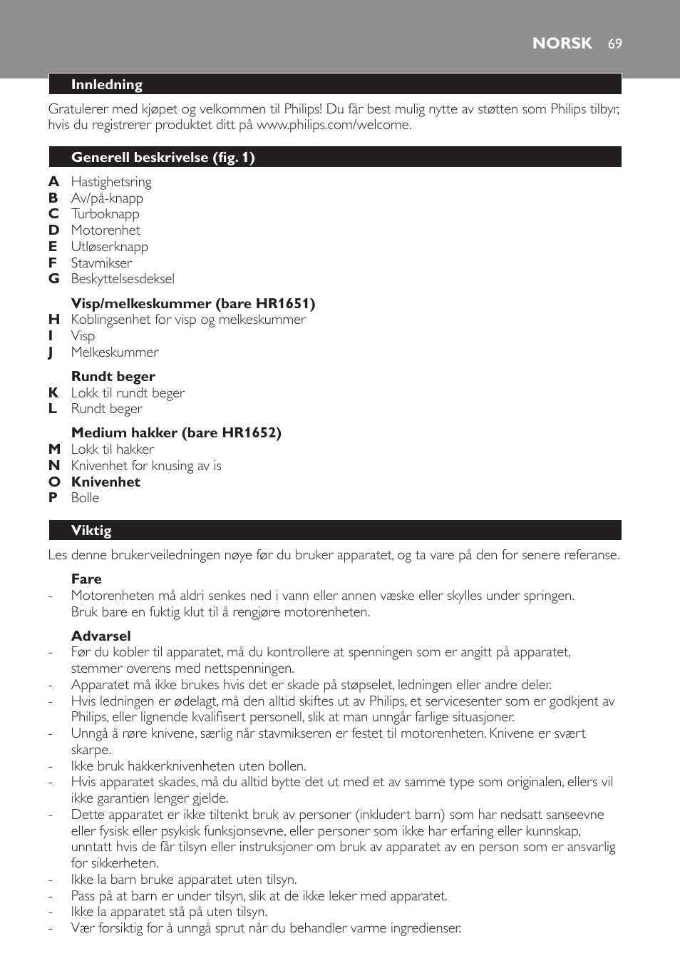 Norsk, Norsk 69 | Philips Avance Collection Stabmixer User Manual | Page 69 / 116