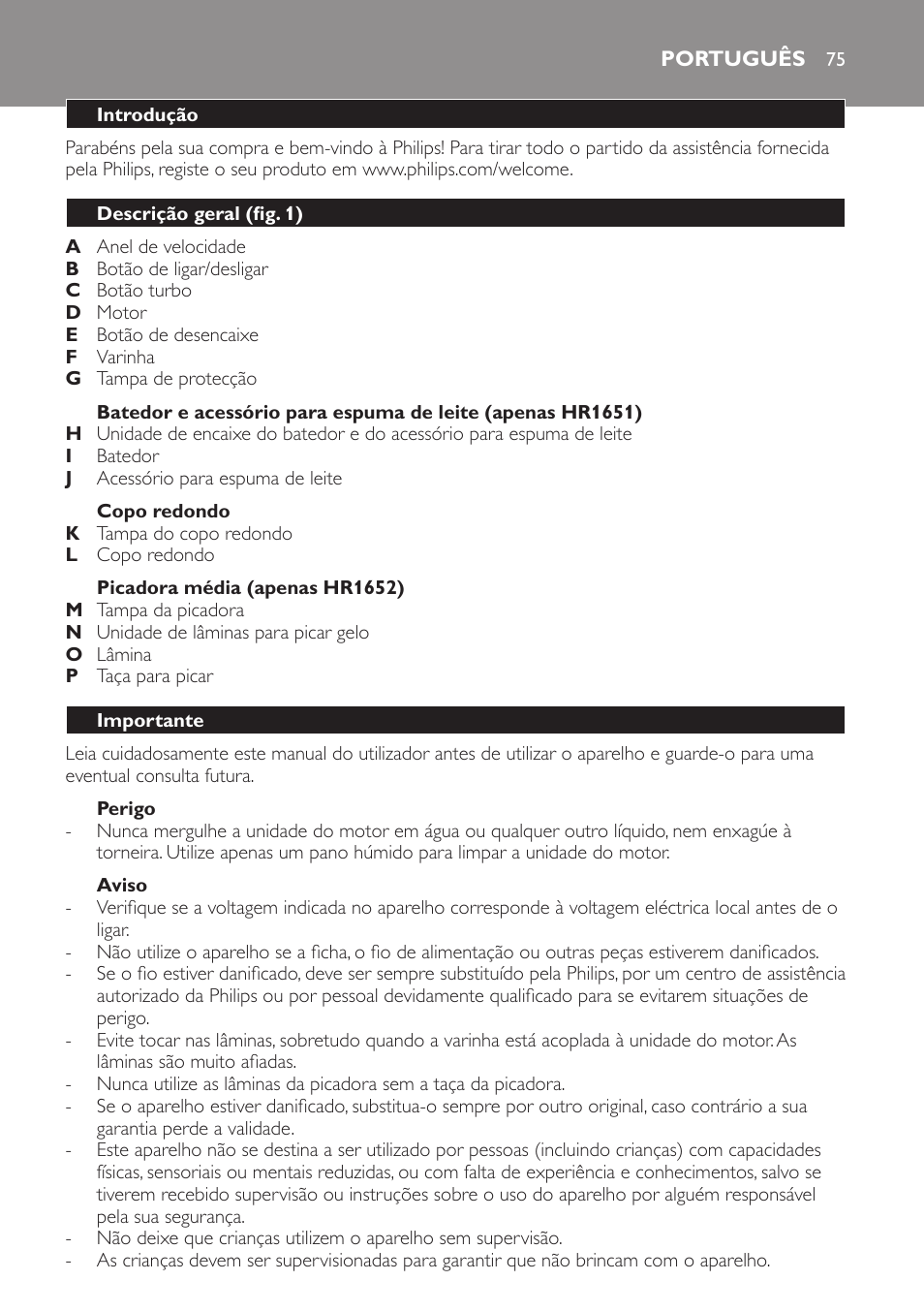 Português, Português 75 | Philips Avance Collection Stabmixer User Manual | Page 75 / 116