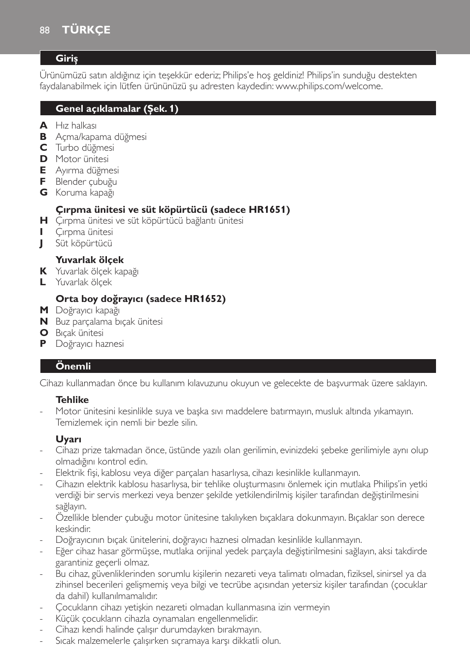 Türkçe, Türkçe 88 | Philips Avance Collection Stabmixer User Manual | Page 88 / 116