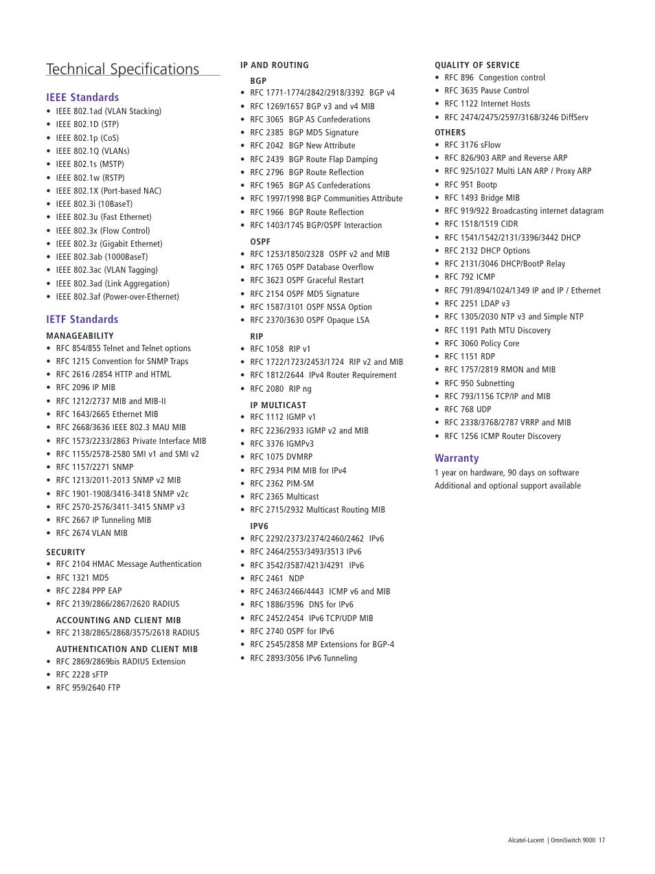 Technical specifications, Ieee standards, Ietf standards | Warranty | Alcatel Carrier Internetworking Solutions OmniSwitch 9000 User Manual | Page 17 / 20